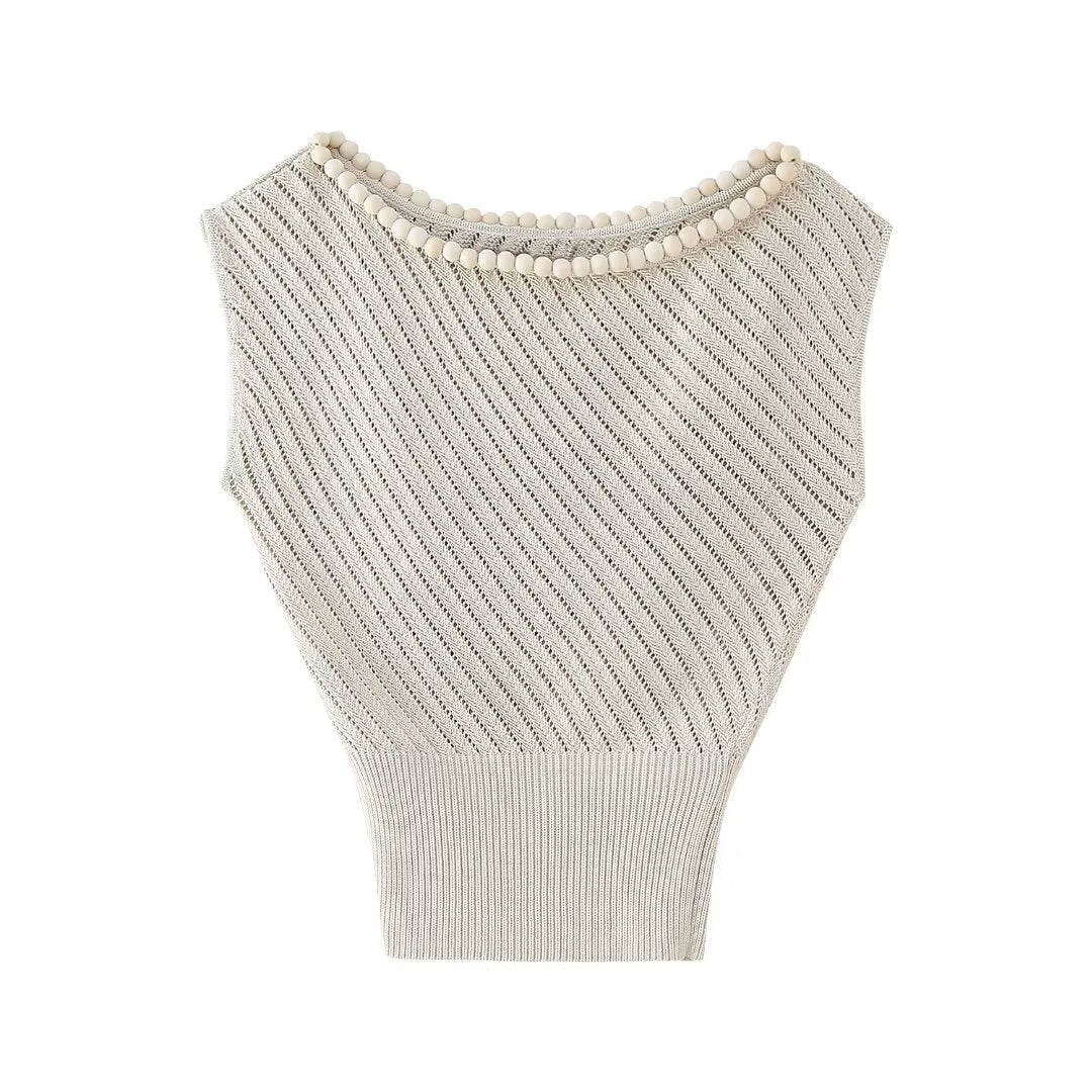 Women Round Neck Ball Decoration Jacquard Mesh Sweater Top Waist Tight