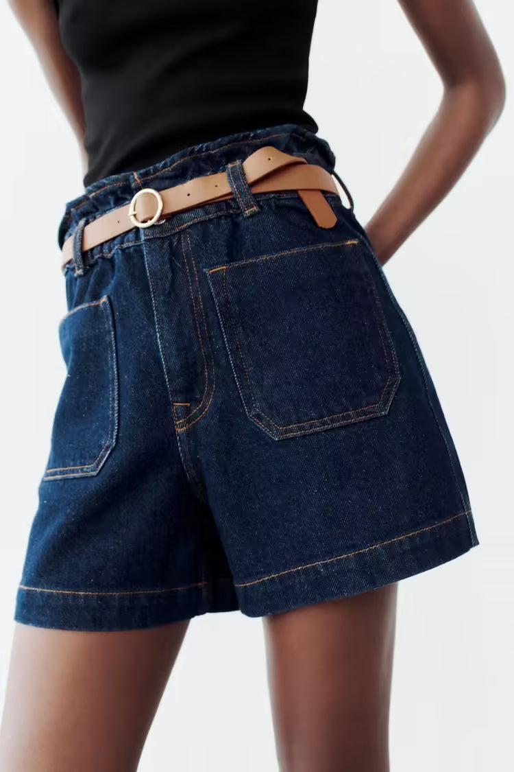 Frauen Kleidung Sommer Straße Mit Gürtel Baggy Denim Shorts