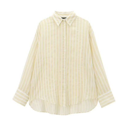 Women Striped Collared Loose Long Sleeve Casual Shirt