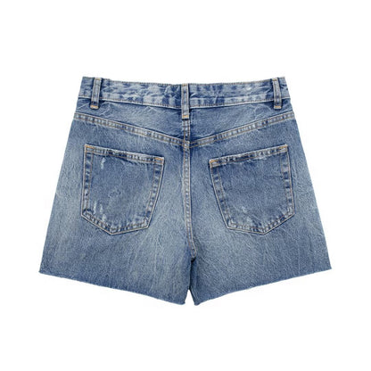 Women Clothing Summer Two Color Comfortable High Waist Slimming Hand Frayed Denim Shorts Pants