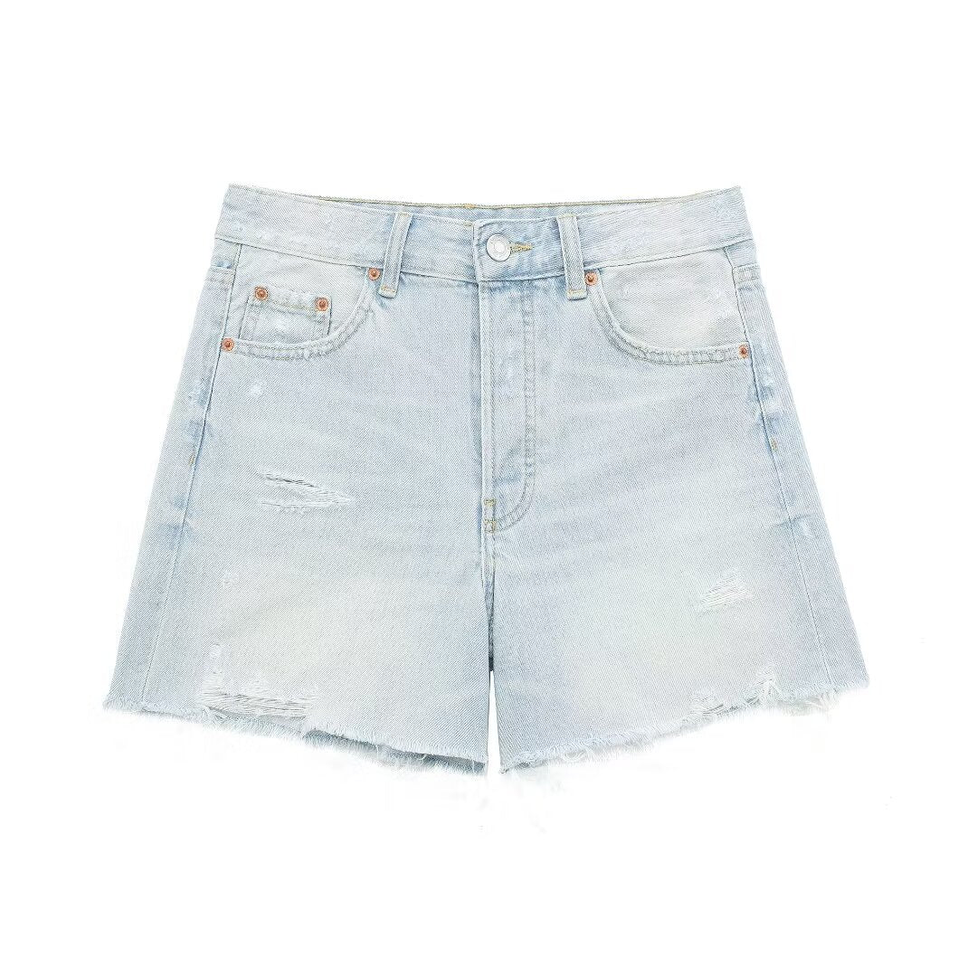 Damenbekleidung Sommer Zweifarbig Bequeme Hohe Taille Abnehmen Hand Ausgefranste Denim Shorts Hose