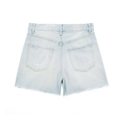 Women Clothing Summer Two Color Comfortable High Waist Slimming Hand Frayed Denim Shorts Pants