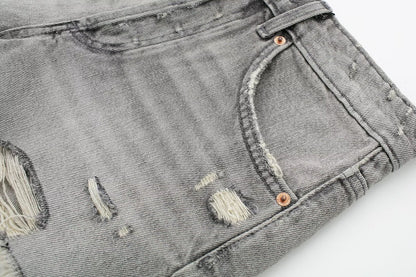 Ropa de mujer Pantalones cortos de mezclilla informales de cintura alta con decoración de agujeros perforados franceses