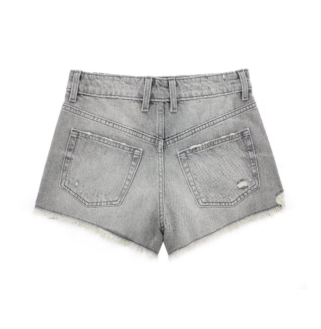 Damenbekleidung Französische perforierte Lochdekoration High Waist Casual Denim Shorts