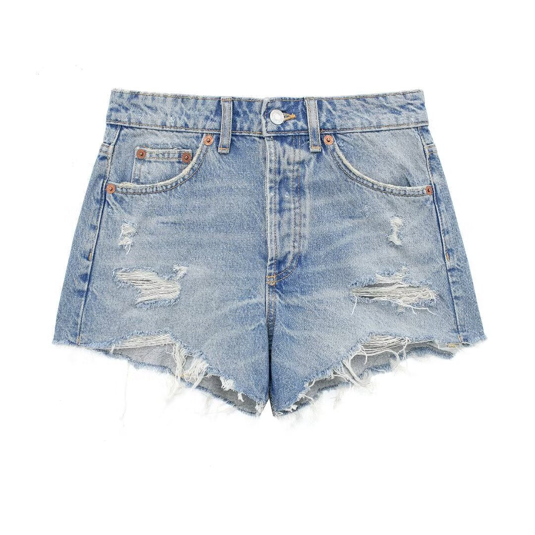 Damenbekleidung Französische perforierte Lochdekoration High Waist Casual Denim Shorts