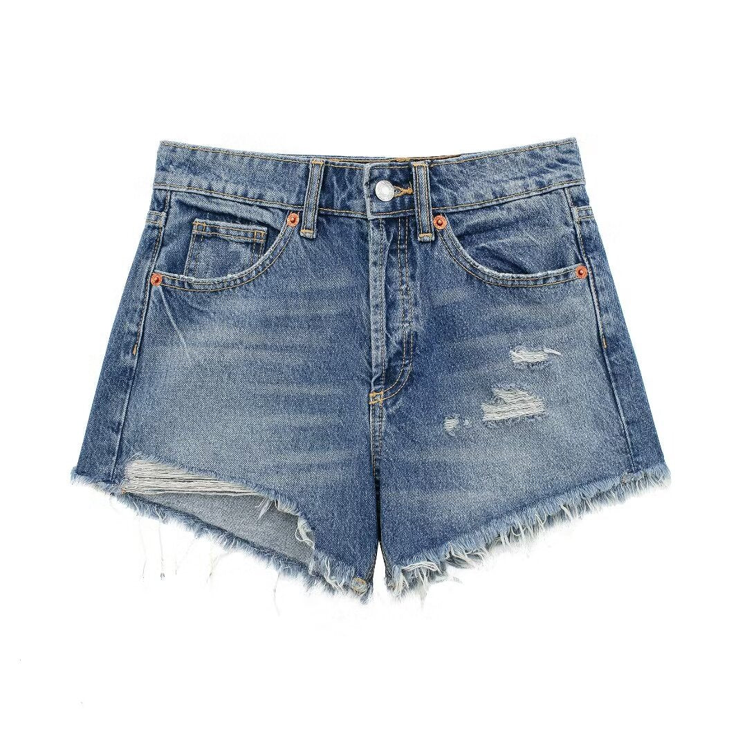 Women Clothing French Perforated Hole Decoration High Waist Casual Denim Shorts