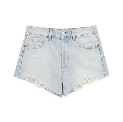 Women Clothing French Perforated Hole Decoration High Waist Casual Denim Shorts