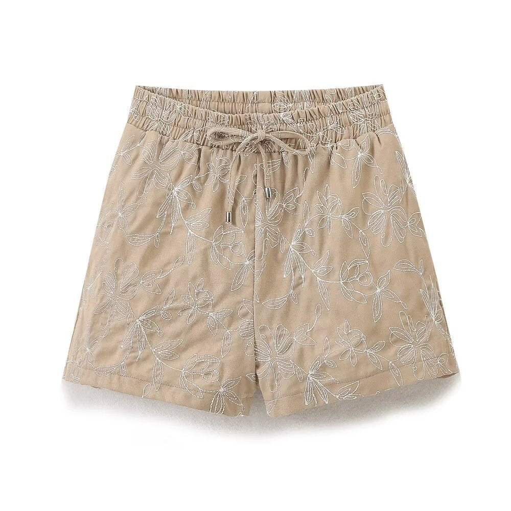 Damen Retro Einfach Passende Hohe Taille Schnürung Bestickte Elastische Taille Lässige Shorts