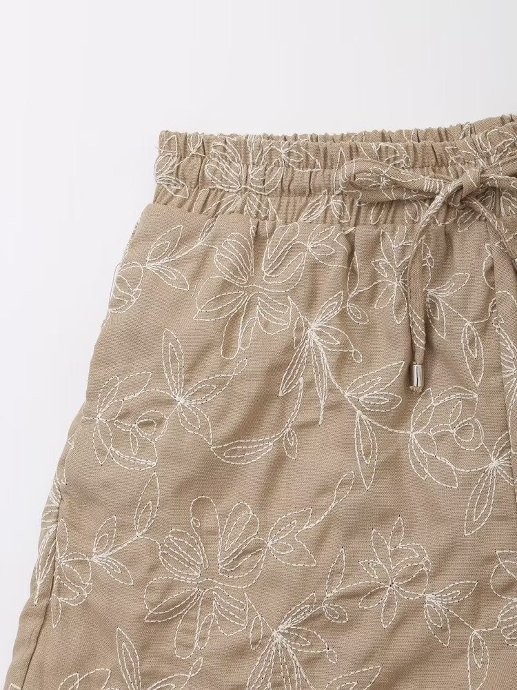 Damen Retro Einfach Passende Hohe Taille Schnürung Bestickte Elastische Taille Lässige Shorts