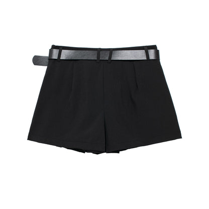 Women Solid Color With Belt Pleated High Waist Casual Shorts