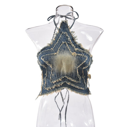 Damen Sexy Sommer Lace Up Neckholder Fünfzackigen Stern Sexy Denim Top