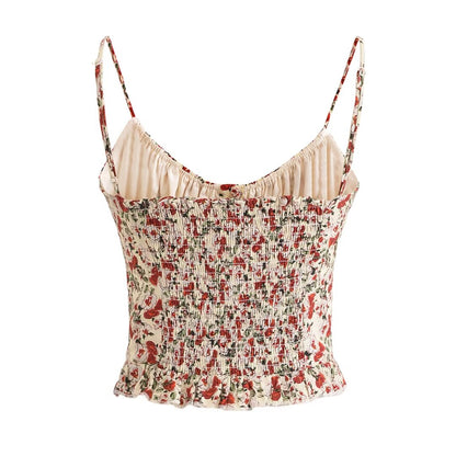 Cárdigan de verano con tirantes plisados, botones y volantes con estampado floral estilo francés vintage