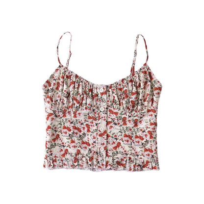 Cárdigan de verano con tirantes plisados, botones y volantes con estampado floral estilo francés vintage