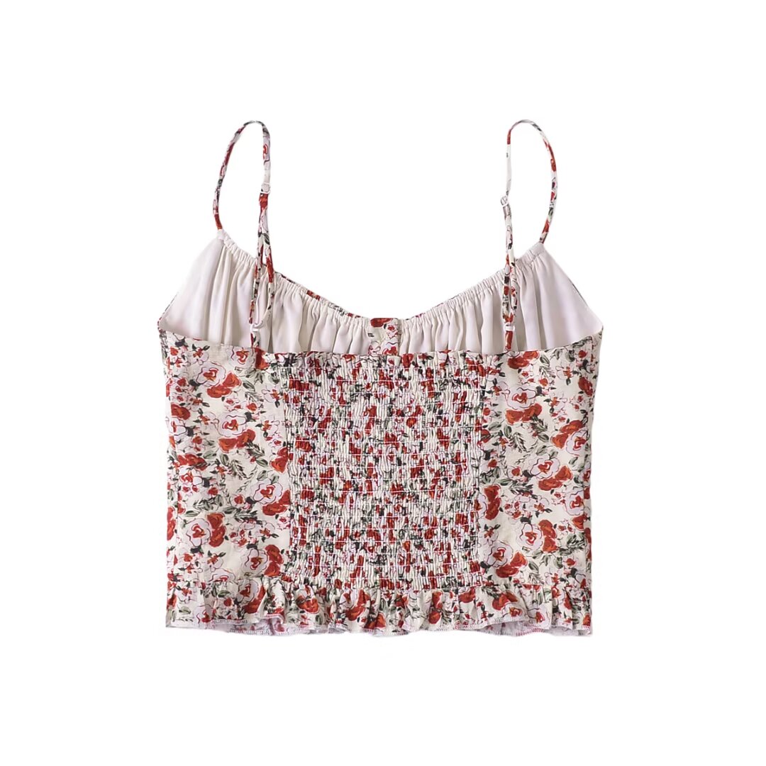 Cárdigan de verano con tirantes plisados, botones y volantes con estampado floral estilo francés vintage