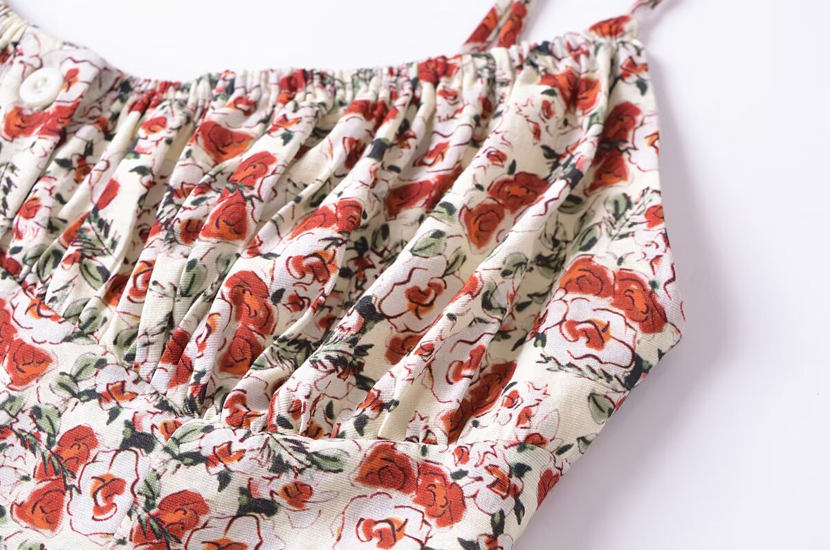 Cárdigan de verano con tirantes plisados, botones y volantes con estampado floral estilo francés vintage