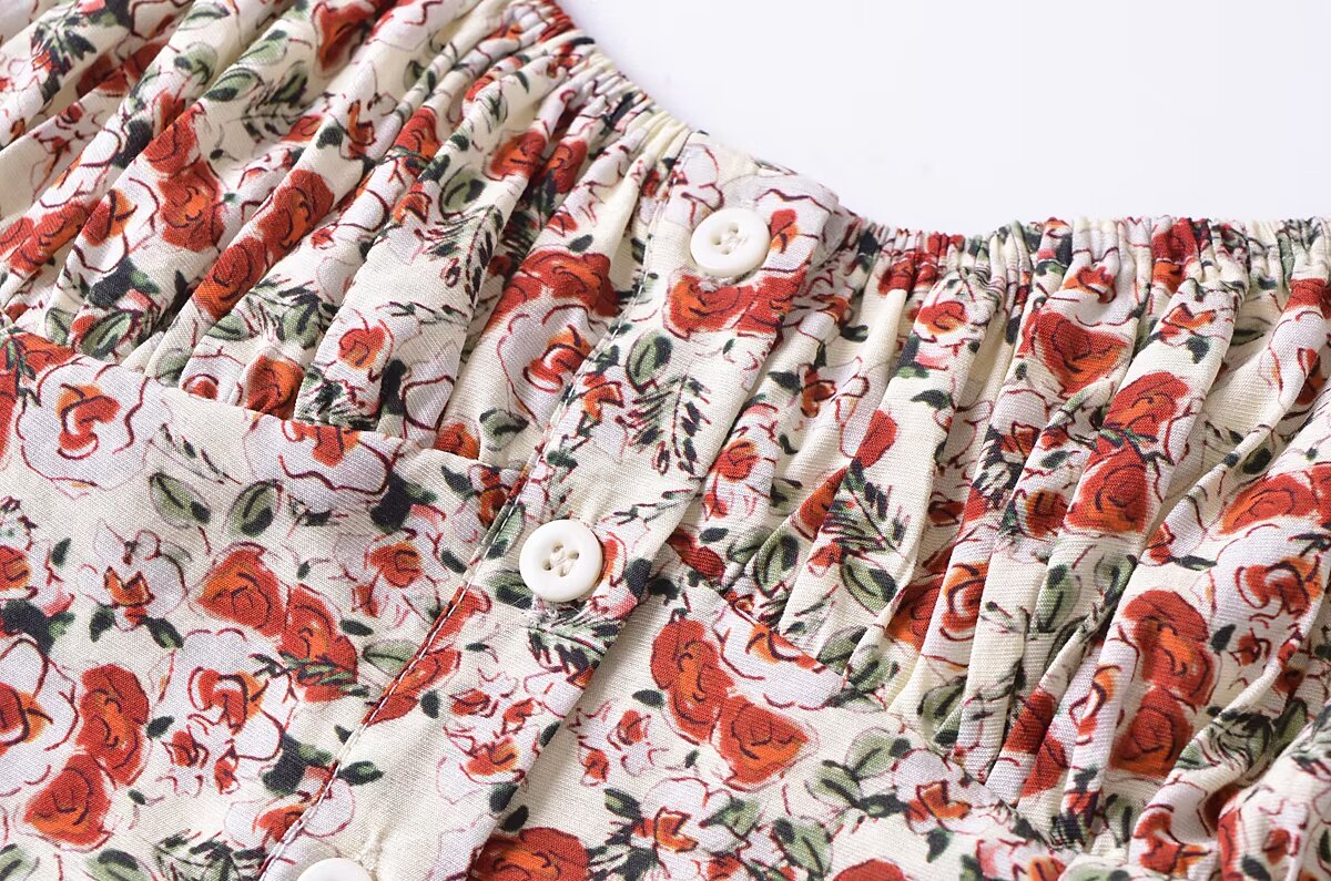 Cárdigan de verano con tirantes plisados, botones y volantes con estampado floral estilo francés vintage