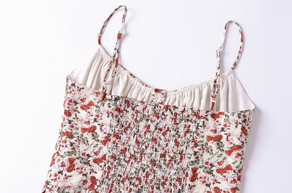 Cárdigan de verano con tirantes plisados, botones y volantes con estampado floral estilo francés vintage