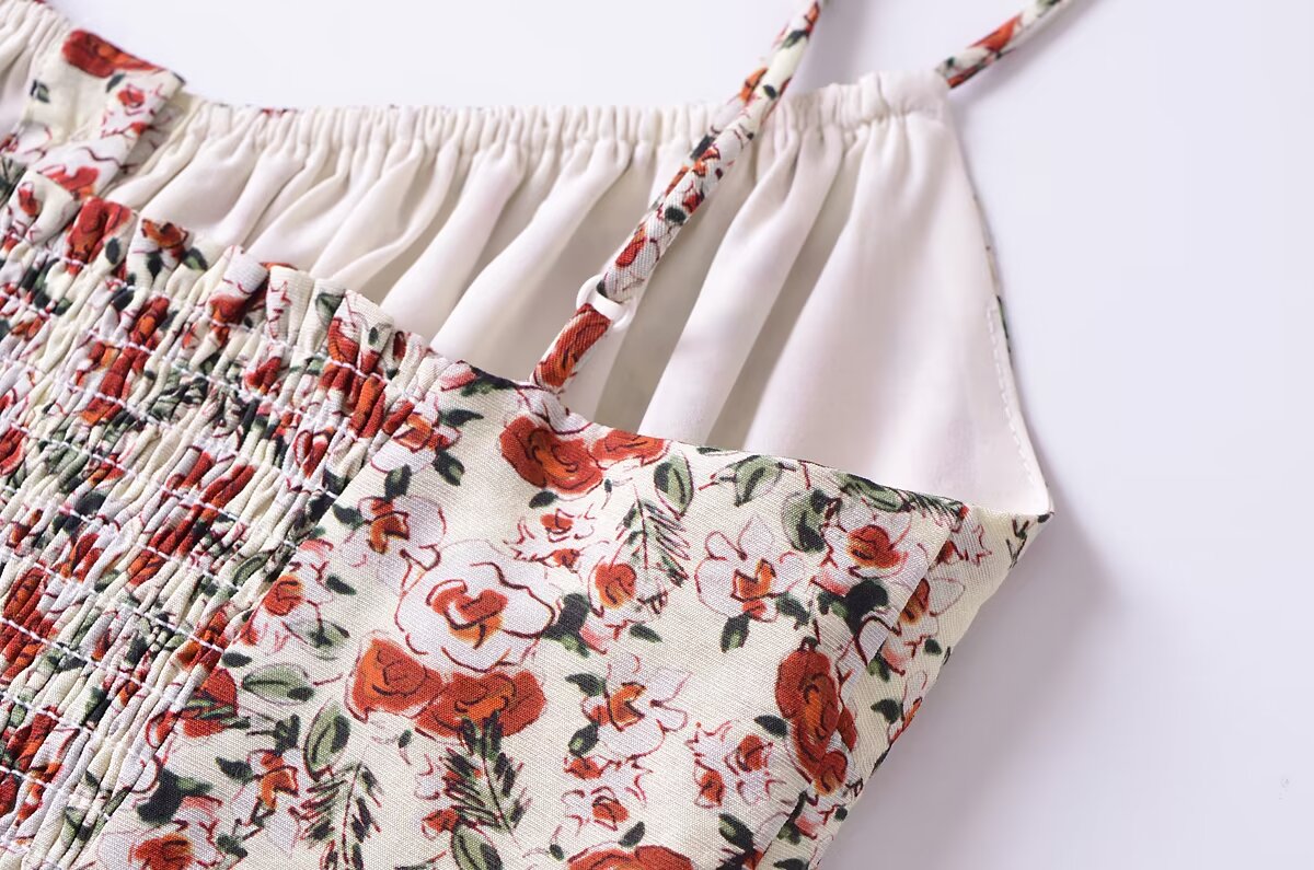 Cárdigan de verano con tirantes plisados, botones y volantes con estampado floral estilo francés vintage