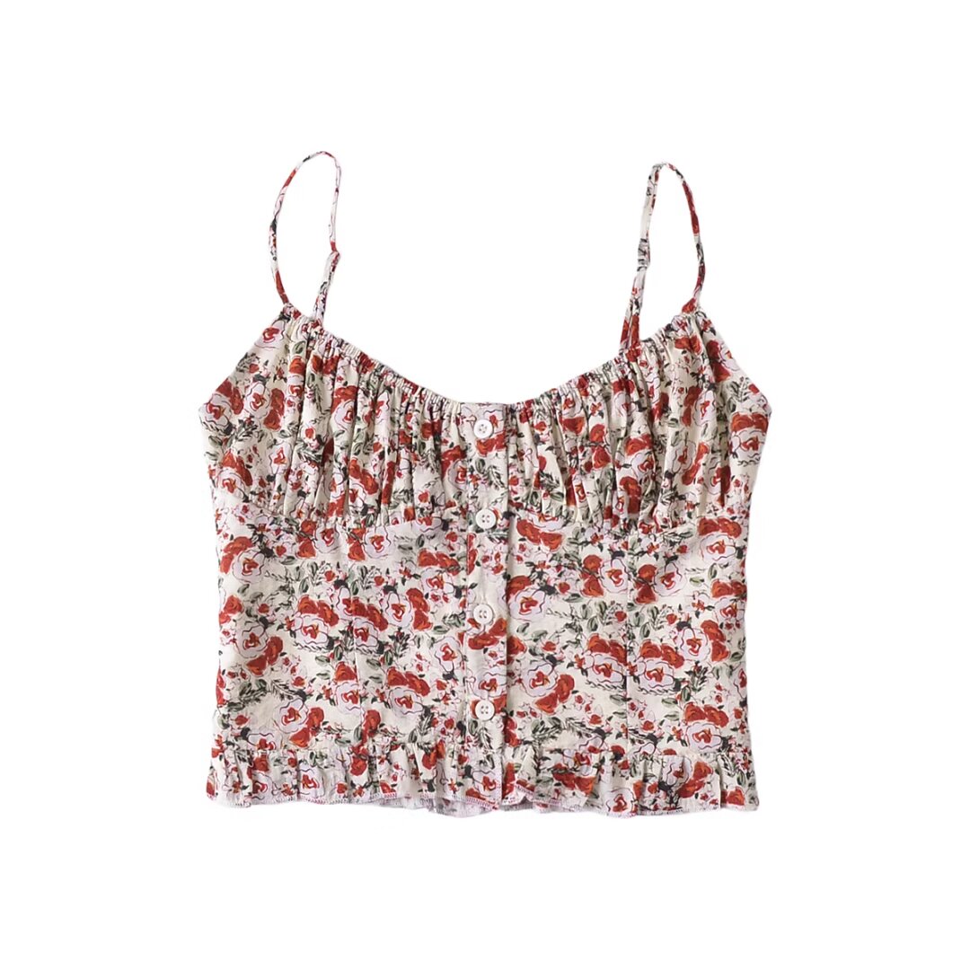 Cárdigan de verano con tirantes plisados, botones y volantes con estampado floral estilo francés vintage