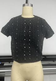 【MOQ-5 packs】 Autumn Winter Women Clothing Classic Round Neck Sweater With Short Sleeves Beaded Short Sweater