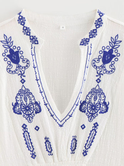 Women Cotton Fabric Beaded Embroidered V neck Long Sleeve Shirt Top