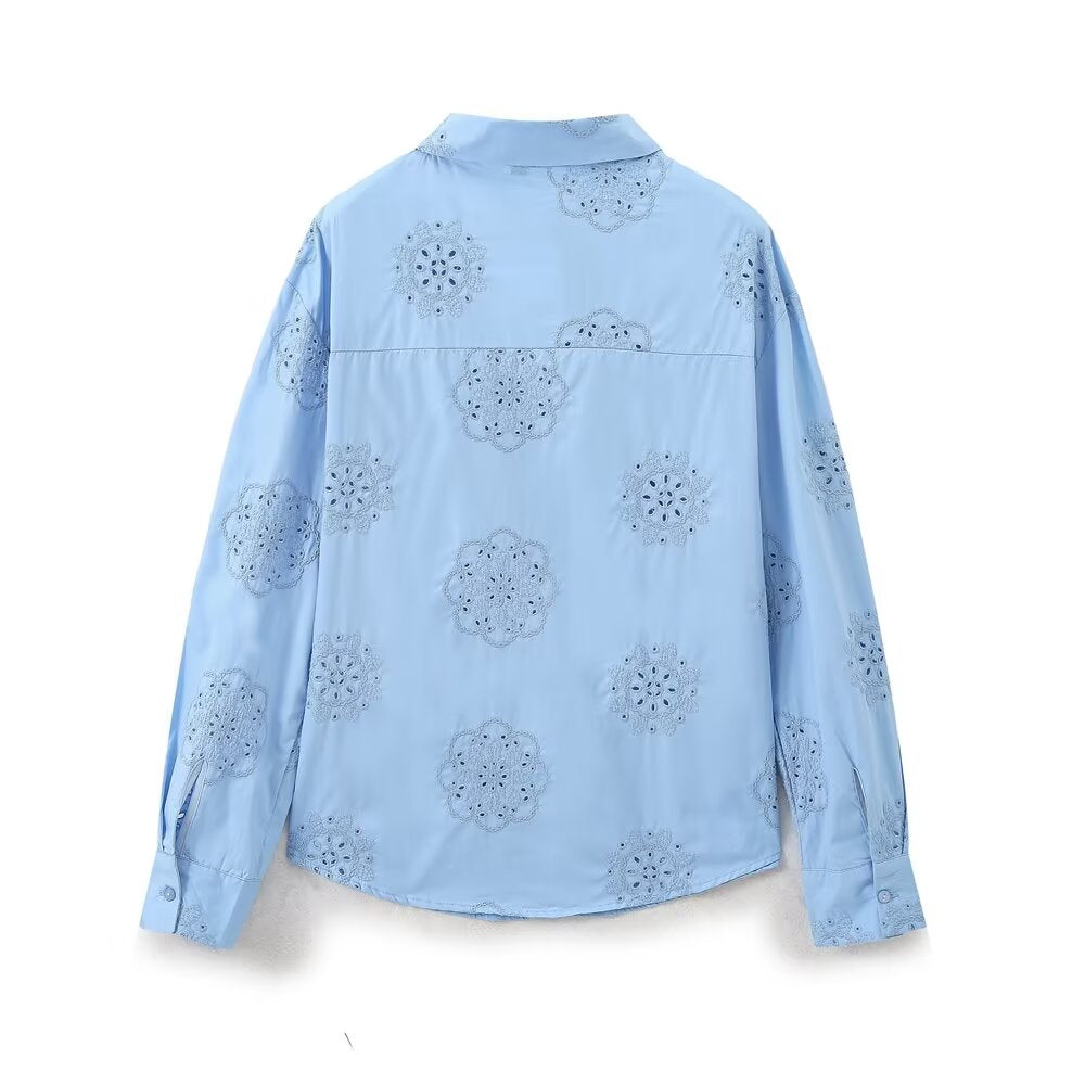 Camisa de manga larga de popelina decorativa con bordado Floral adhesivo con cuello para mujer de verano