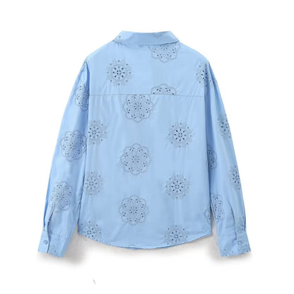 Summer Women Collared Adhesive Floral Embroidery Decorative Poplin Long Sleeve Shirt Women