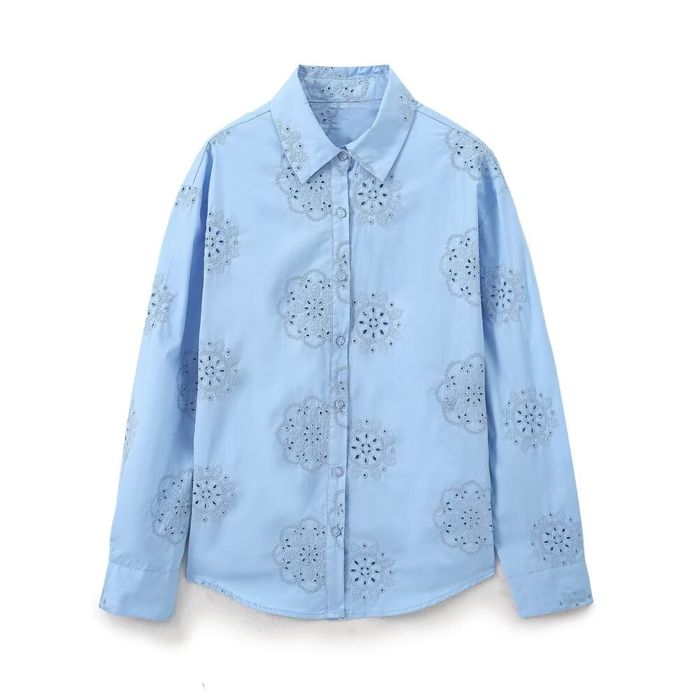 Camisa de manga larga de popelina decorativa con bordado Floral adhesivo con cuello para mujer de verano