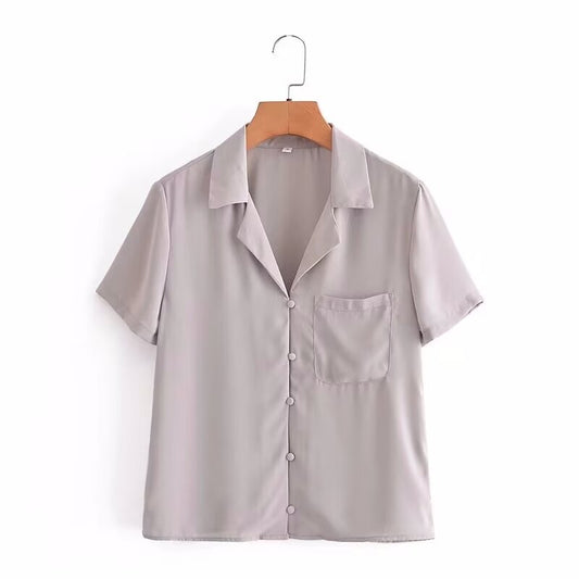 Camisa holgada de manga corta con bolsillo y decoración para mujer, camisa holgada con cuello de traje de Color liso que combina con todo, de verano