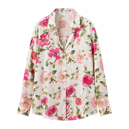 Camisa de manga larga con textura de seda y estampado floral de verano para mujer