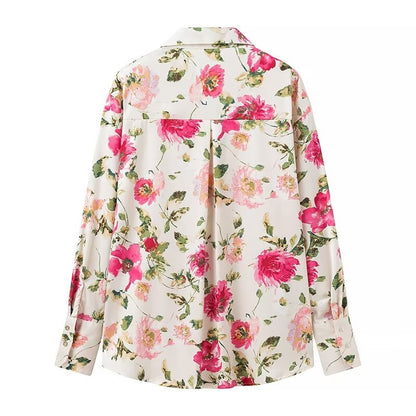 Summer Women Floral Print Silk Texture Long Sleeve Shirt