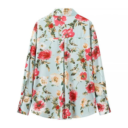 Summer Women Floral Print Silk Texture Long Sleeve Shirt