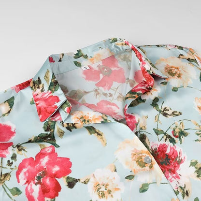 Summer Women Floral Print Silk Texture Long Sleeve Shirt