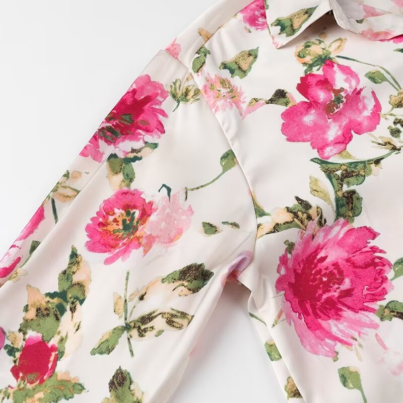 Camisa de manga larga con textura de seda y estampado floral de verano para mujer