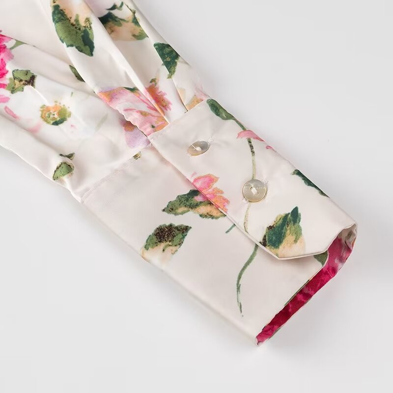 Camisa de manga larga con textura de seda y estampado floral de verano para mujer