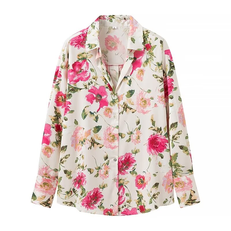 Summer Women Floral Print Silk Texture Long Sleeve Shirt