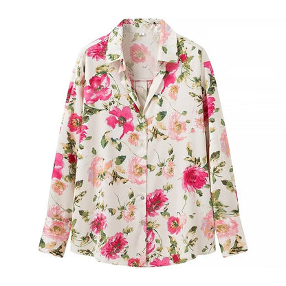 Summer Women Floral Print Silk Texture Long Sleeve Shirt