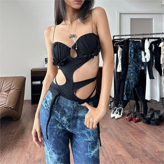 Summer Women Clothing Sexy Cutout Sling Tube Top Irregular Asymmetric Lace up Jumpsuit