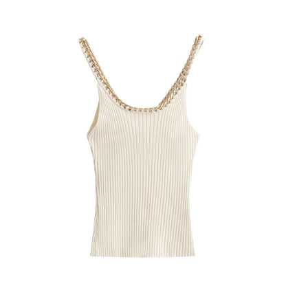 Women White Loose Rib Spaghetti Straps Knitted Top