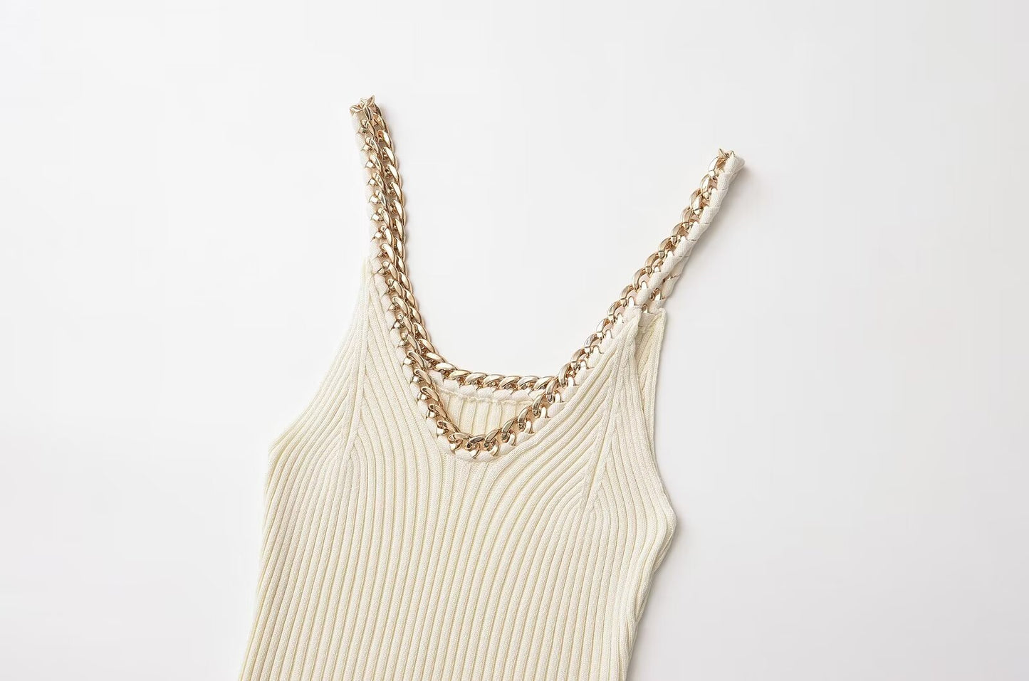 Women White Loose Rib Spaghetti Straps Knitted Top