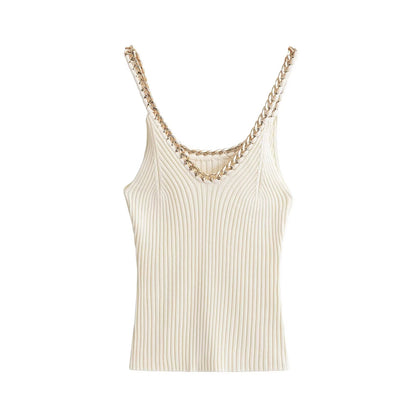 Women White Loose Rib Spaghetti Straps Knitted Top