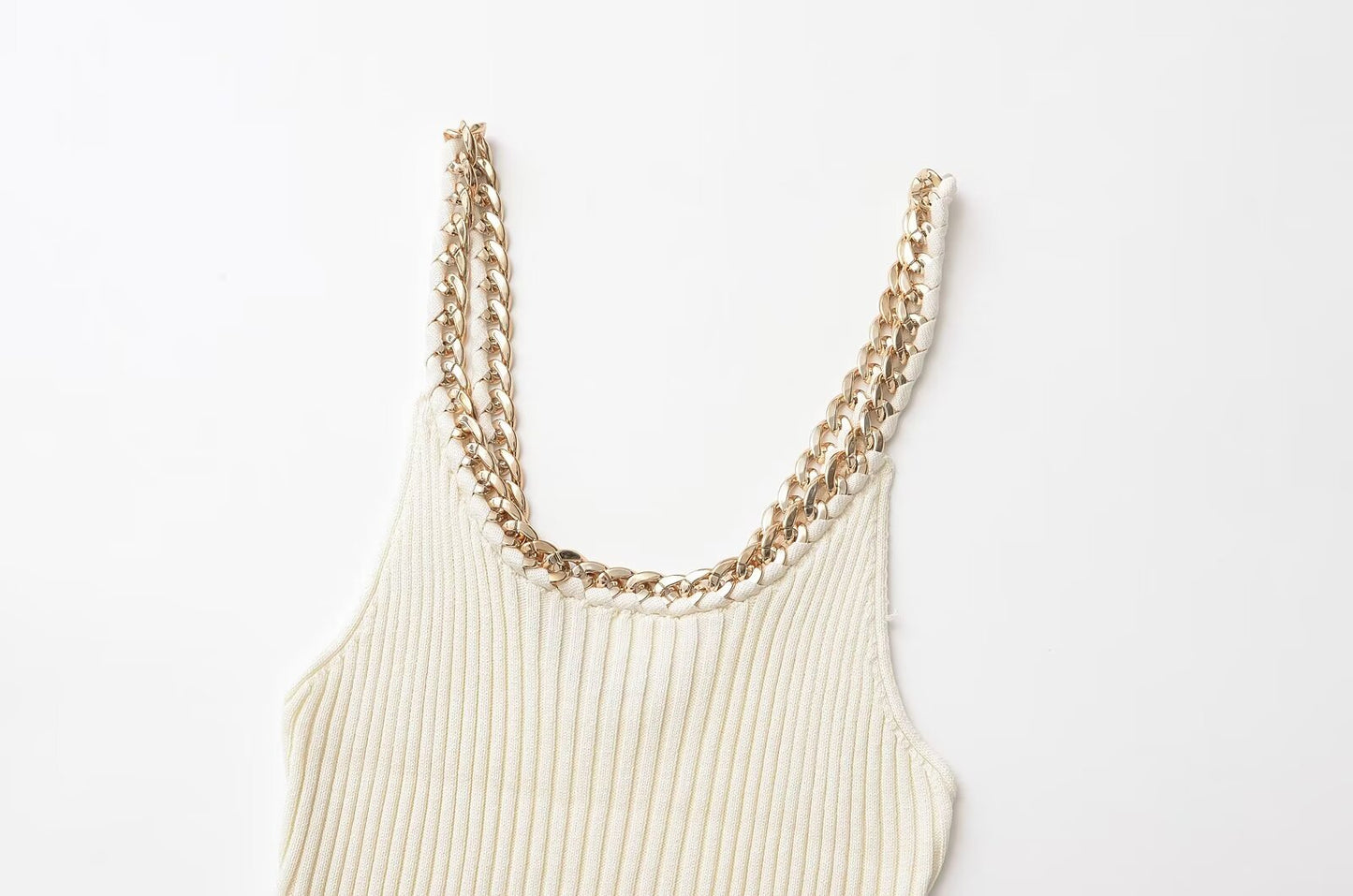 Women White Loose Rib Spaghetti Straps Knitted Top