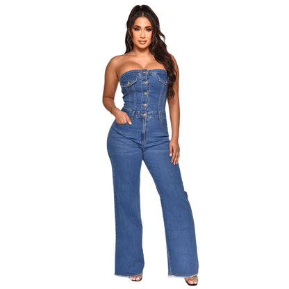 Damen Kleidung Tube Top Off Shoulder Slim Fit Schlankmachender, leicht ausgestellter Jumpsuit Jeans