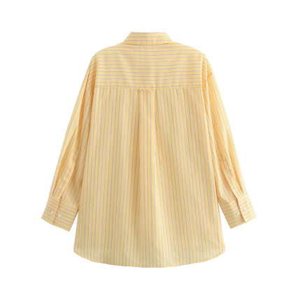 Women Clothing French Casual Loose All Matching Striped Poplin Shirt