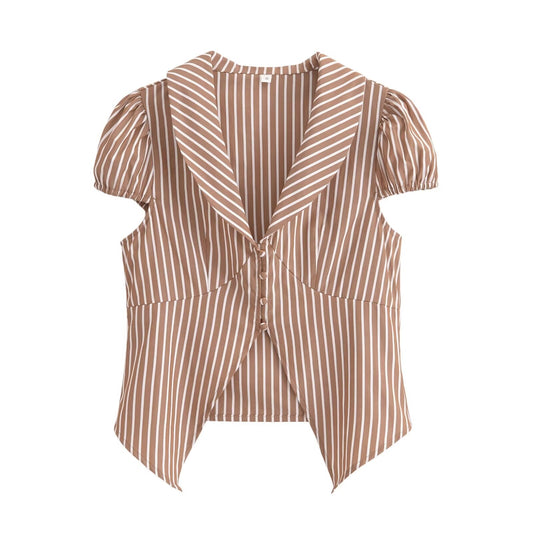 Spring Coffee Color with Stripes Shirt Collared Single Breasted Short Top