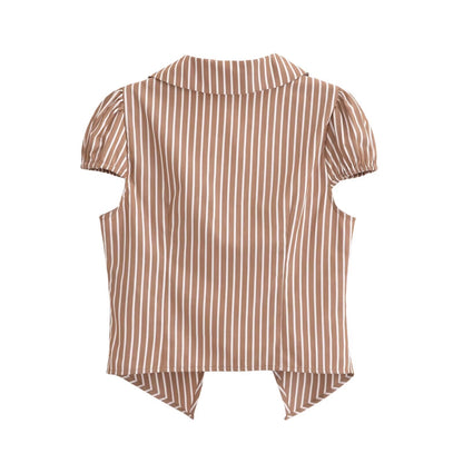 Spring Coffee Color with Stripes Shirt Collared Single Breasted Short Top