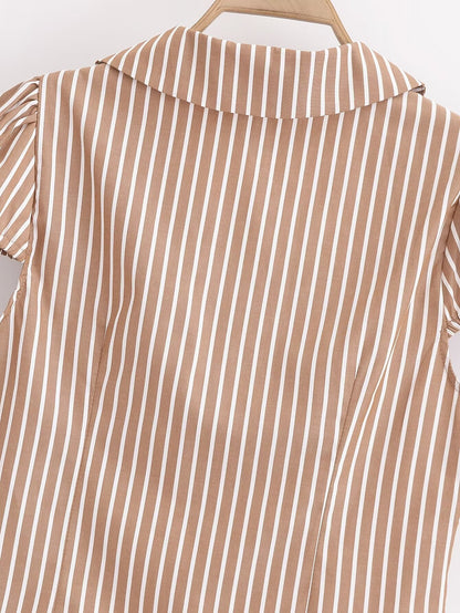 Spring Coffee Color with Stripes Shirt Collared Single Breasted Short Top