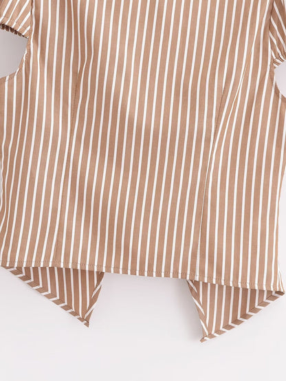 Spring Coffee Color with Stripes Shirt Collared Single Breasted Short Top