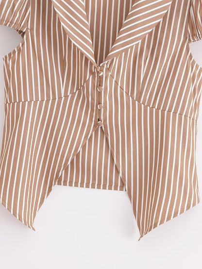 Spring Coffee Color with Stripes Shirt Collared Single Breasted Short Top