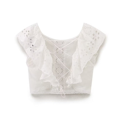 Summer Women Clothing Fashionable All Match Hollow Out Cutout Embroidered Laminated Decoration Top